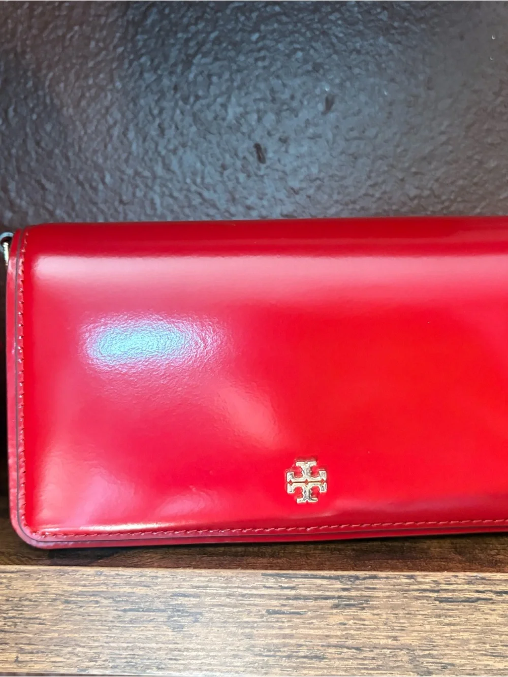 Tory Burch Vibrant Red Leather Zip-Around Wallet with Gold Logo